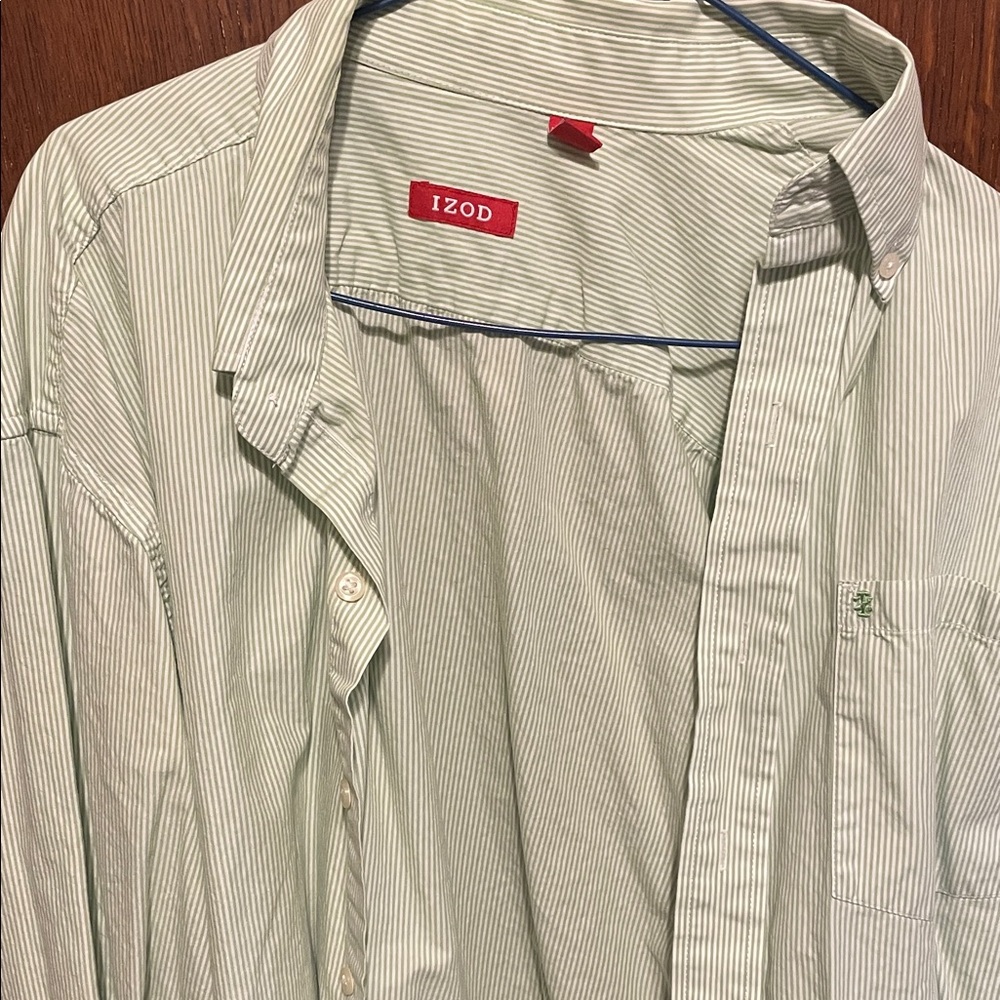 Izod Men's Light Green Pinstripe Dress Shirt
